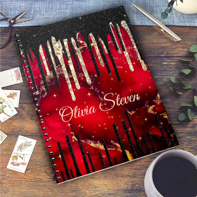 Chic red black drippings glitter monogram notebook (Creator Uploaded)