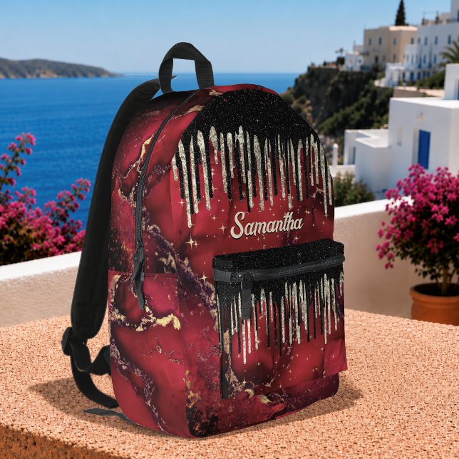 Chic red black drippings glitter monogram printed backpack (Creator Uploaded)