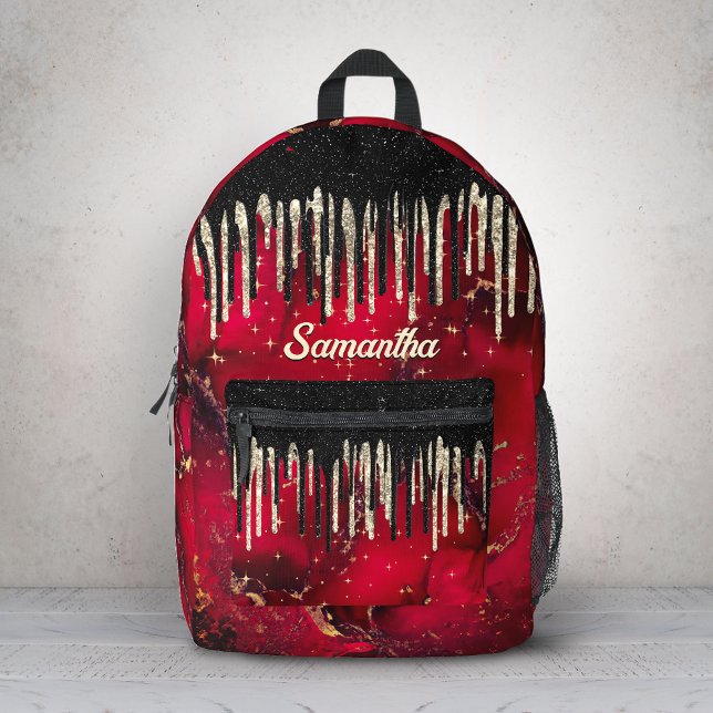 Chic red black drippings glitter monogram printed backpack (Creator Uploaded)