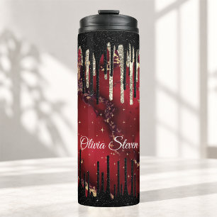 Chic red black drippings glitter monogram thermal tumbler