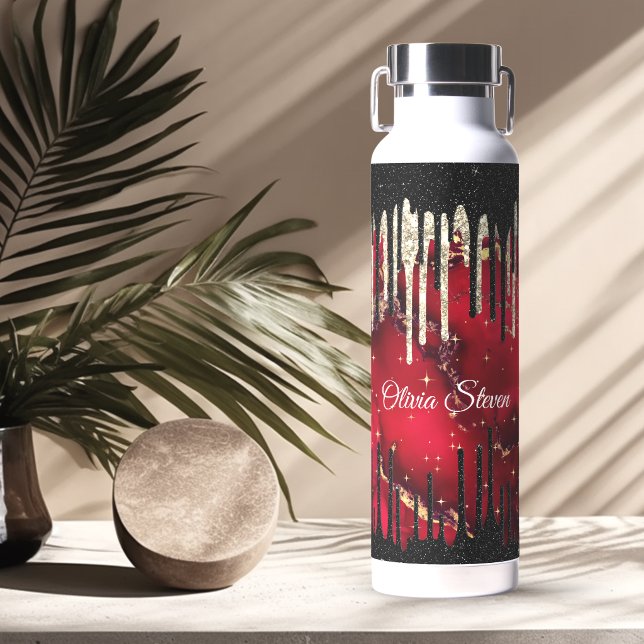 Chic red black drippings glitter monogram water bottle (Creator Uploaded)