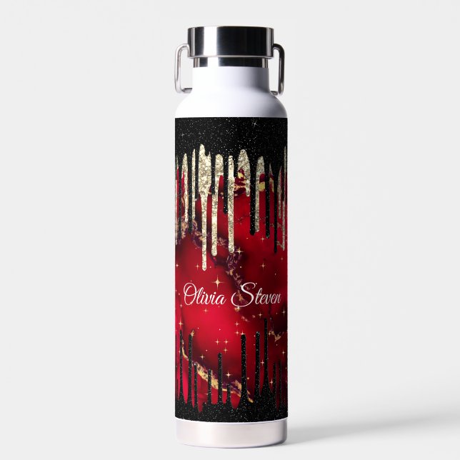 Chic red black drippings glitter monogram water bottle (Front)