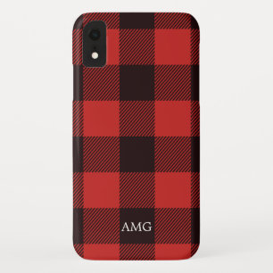 Chic Red & Black Flannel Monogram Plaid Case-Mate iPhone Case