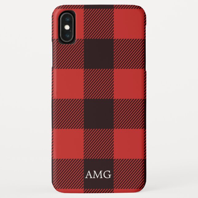 Chic Red & Black Flannel Monogram Plaid Case-Mate iPhone Case (Back)