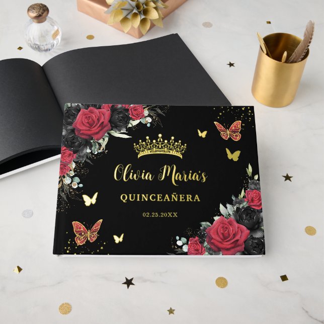 Chic Red Black Floral Butterflies Quinceanera Gold Guest Book (Front Open)