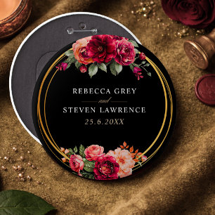 Chic red black floral wedding 6 cm round badge
