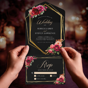 Chic red black floral wedding all in one invitation