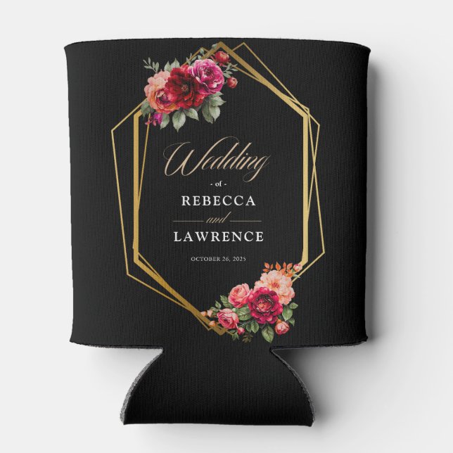 Chic red black floral wedding  can cooler (Back)
