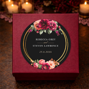 Chic red black floral wedding classic round sticker