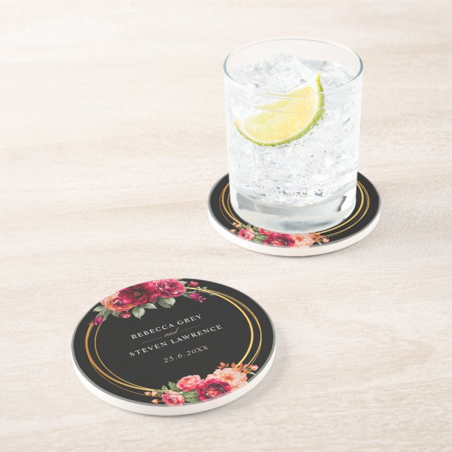 Chic red black floral wedding coaster (Side)