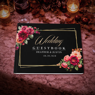 Chic red black floral wedding  guest book