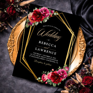 Chic red black floral wedding  invitation