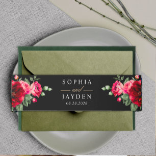 Chic red black floral wedding invitation belly band