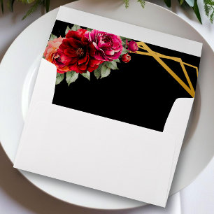 Chic red black floral wedding  invitation envelope