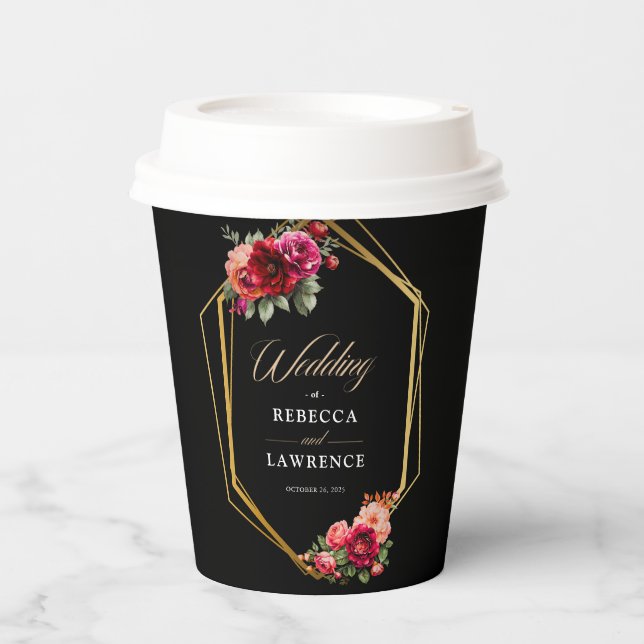 Chic red black floral wedding  invitation paper cups (Front)