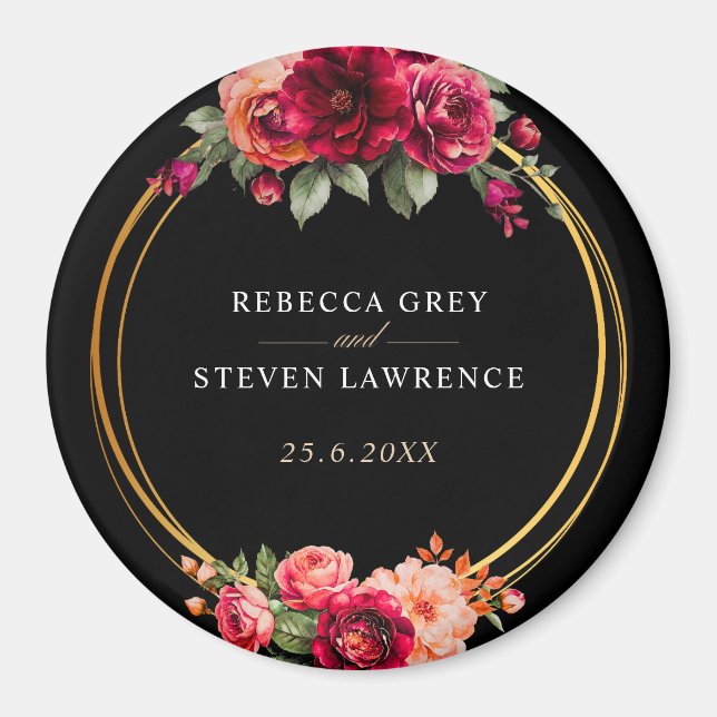 Chic red black floral wedding magnet (Front)