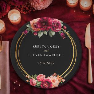 Chic red black floral wedding paper plate