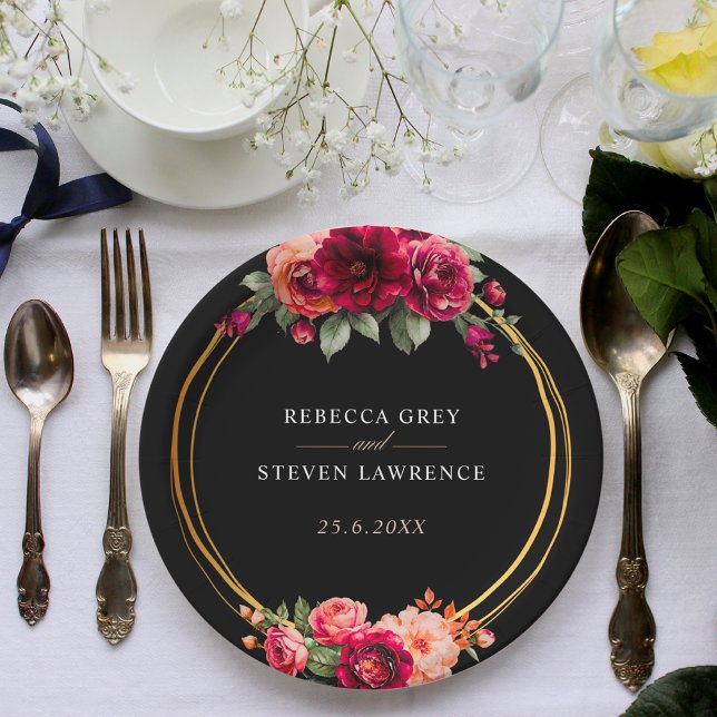 Chic red black floral wedding paper plate (Creator Uploaded)