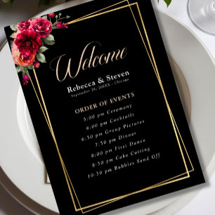 Chic red black floral wedding program  programme