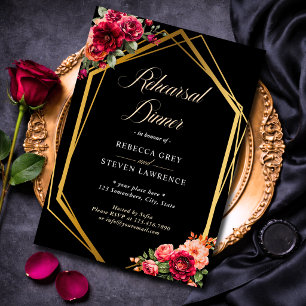 Chic red black floral wedding rehearsal dinner invitation