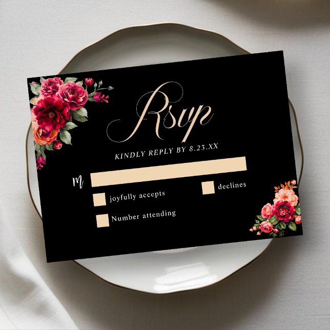 Chic red black floral wedding RSVP card (Creator Uploaded)
