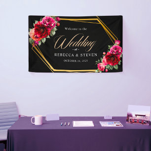 Chic red black floral wedding welcome banner
