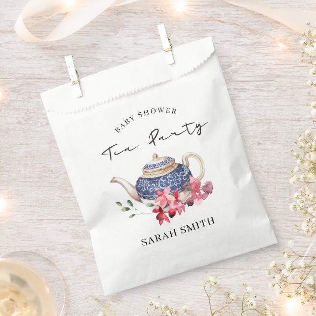 Chic Red Blue Floral Teapot Baby Shower Tea Party Favour Bags (Clipped)