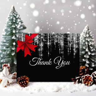 Chic red bow black silver faux glitter holiday thank you card