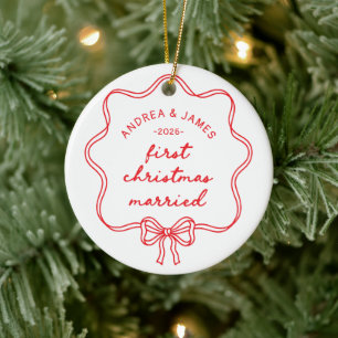 Chic Red Bow Coquette First Christmas Married Ceramic Tree Decoration