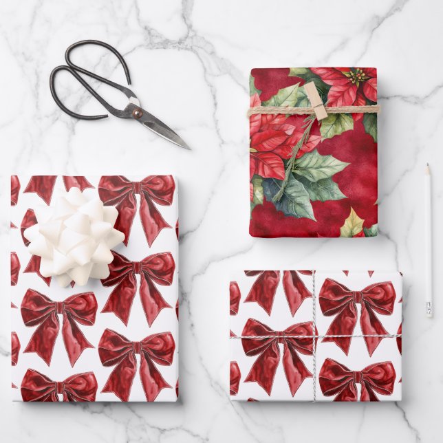 Chic Red Bow Floral Christmas Wrapping Paper Sheet (Front)
