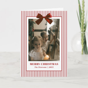Chic Red Bow Ribbon Striped Family Photo Christmas Holiday Card