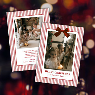 Chic Red Bow Ribbon Striped Family Photo Christmas Holiday Card