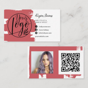Chic red brush hair makeup photo logo qr code business card