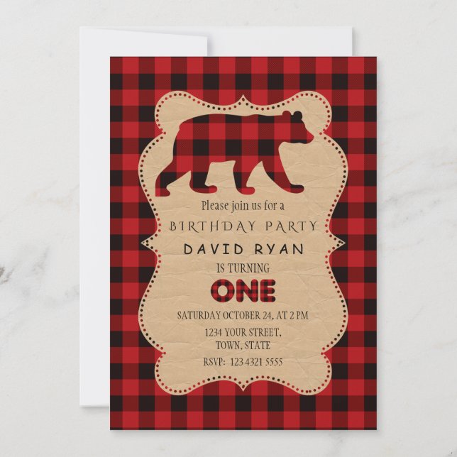 Chic Red Buffalo Flannel Up Plaid Birthday ONE Invitation (Back)