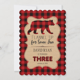 Chic Red Buffalo Plaid Birthday THREE Custom Invitation