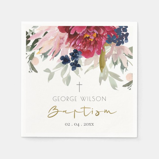 Chic Red Burgundy Blush Blue Gold Floral Baptism Napkin (Front)