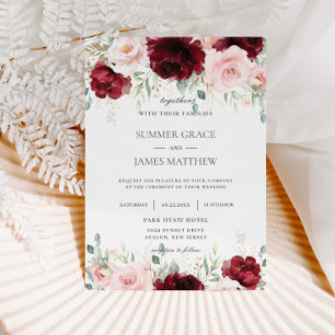 Chic Red Burgundy Blush Pink Roses Floral Wedding Invitation