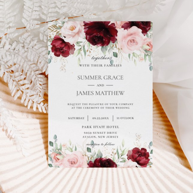 Chic Red Burgundy Blush Pink Roses Floral Wedding Invitation (Creator Uploaded)