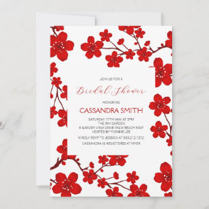 Chic Red Cherry Blossom Botanical Bridal Brunch Invitation