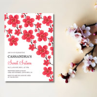 Chic Red Cherry Blossom Floral Botanical Birthday