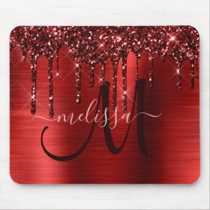 Chic Red Dripping Glitter Metal Monogram Mouse Mouse Pad