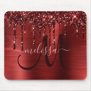 Chic Red Dripping Glitter Metal Monogram Mouse Pad