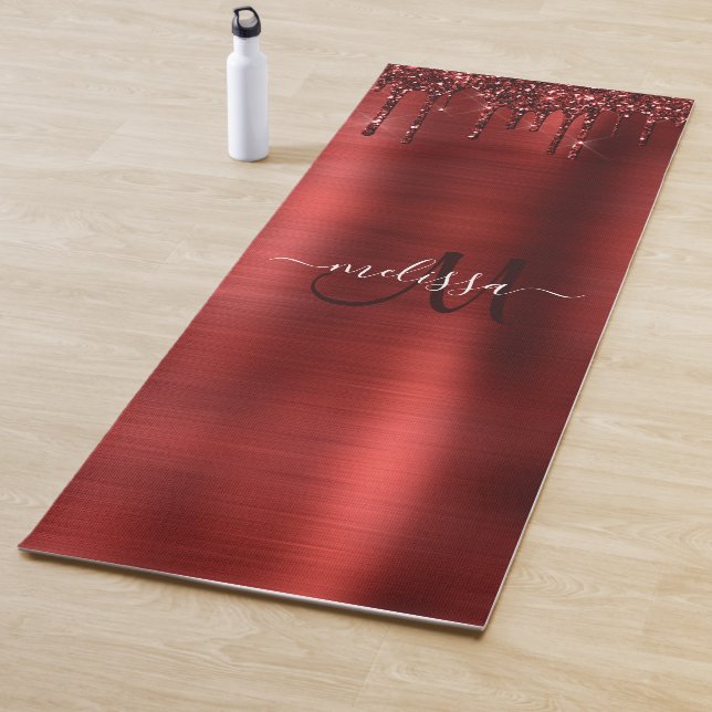 Chic Red Dripping Glitter Monogram Name Yoga Mat (In Situ)