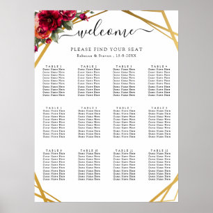 Chic red floral faux gold wedding seating chart