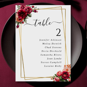 Chic red floral faux gold wedding seating chart