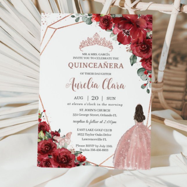 Chic Red Floral Rose Gold Girl Dress Quinceañera Invitation (Creator Uploaded)