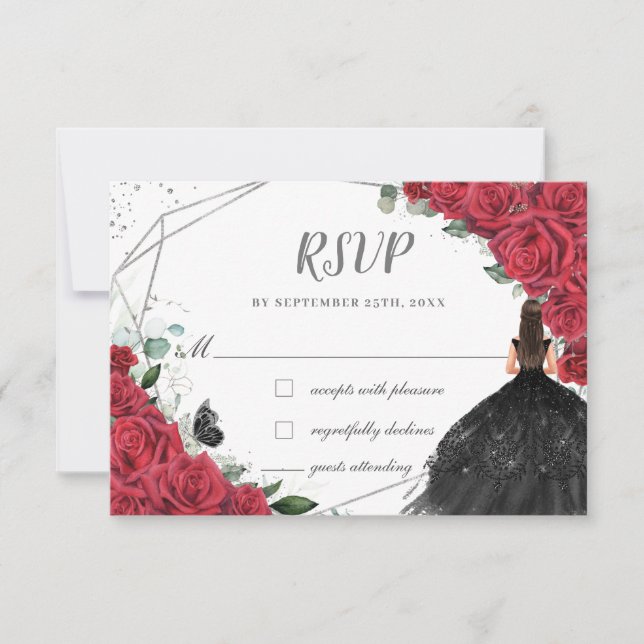 Chic Red Floral Roses Silver Quinceañera Princess  RSVP Card (Front)