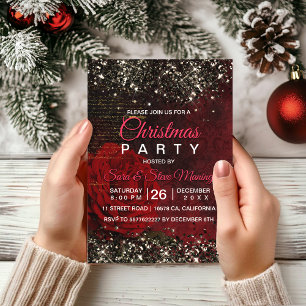 Chic red flower black faux gold glitter Christmas  Invitation