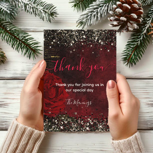 Chic red flower black faux gold glitter thank you card