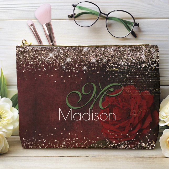 Chic red flower faux gold glitter monogram accessory pouch (Creator Uploaded)